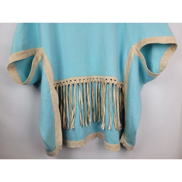 Tyler Boe NWT Women's Teal Turquoise Beige Fringe Cashmere Bland Poncho Sz XS/S - Picture 3 of 11